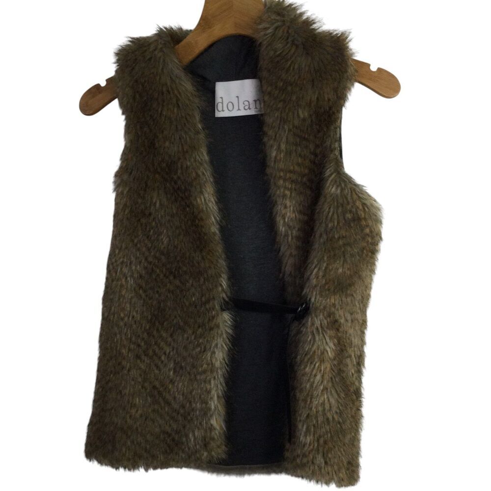 Dolan Womens Faux Fur Vest Shawl Collar Belted Sleeveless Brown Size Small